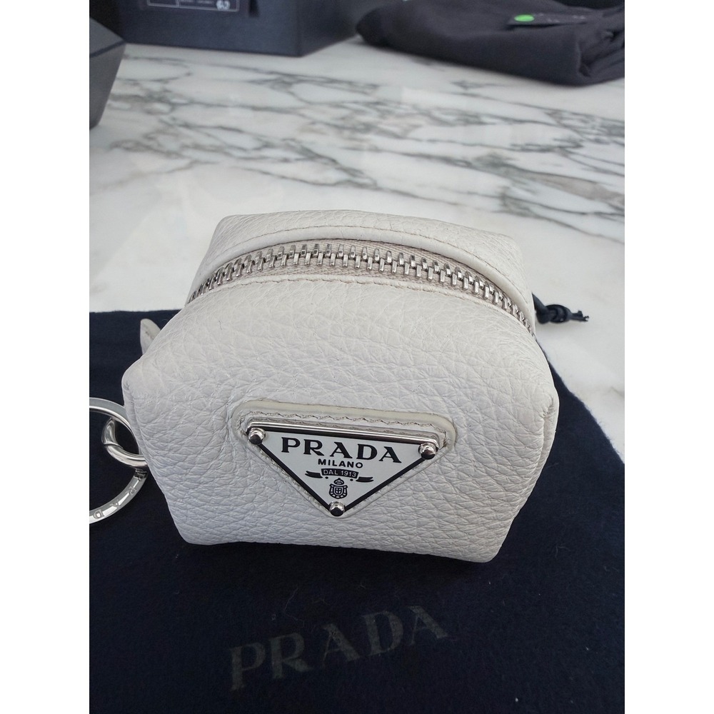 Prada 2TL547 Vitello Daino Leather Pouch Keychain Talco White Carabiner Clip